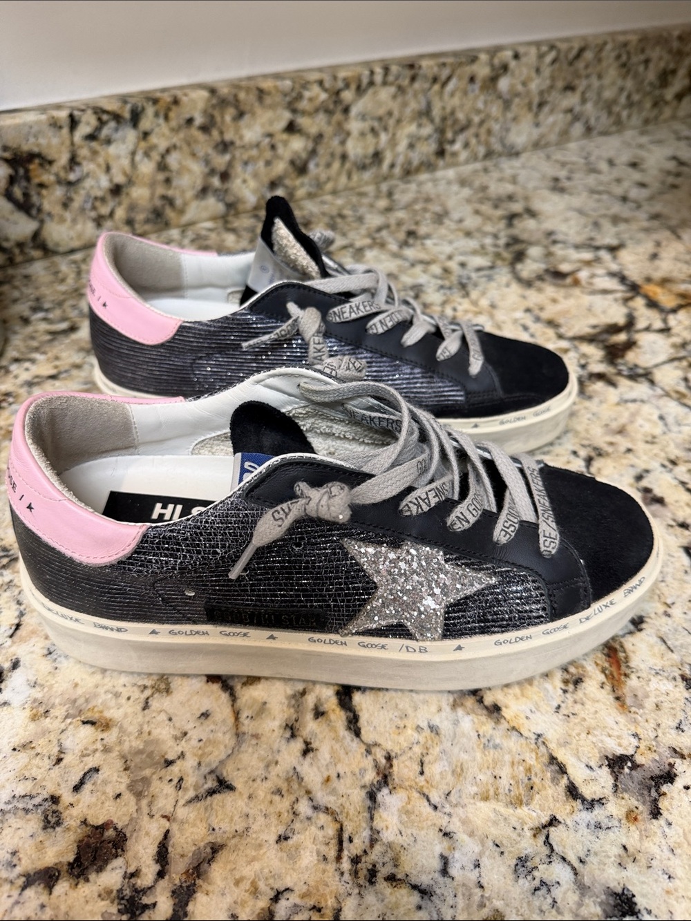 Golden Goose Black Sneakers with Pink Heel Accent and Logo Laces